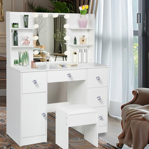 Dradaomull Sminkbord med LED-belysning, toalettbord med spegel för make-up, 3 färger med justerbar ljusstyrka, 5 lådor, sminkbord med justerbara hyllor