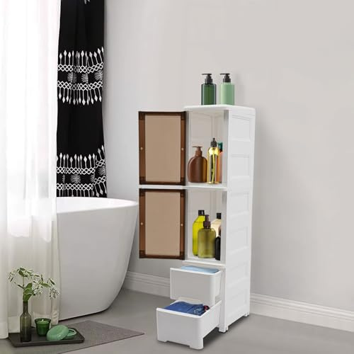 Esyogen Badrumsskåp vitt badrumsskåp med låda 4 nivåer litet smalt toalettskåp flyttbart plasthörnskåp, 2 fack 2 lådor, 25 l x 38 W x 114 H cm