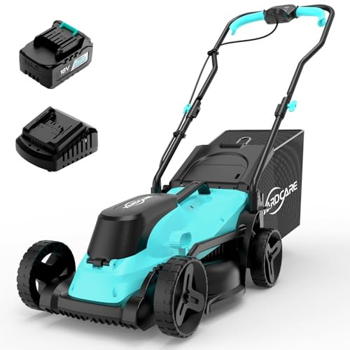 YARDCARE Cortacesped Electrico, Motor sin Escobillas, 18V, con Batería de 4.0Ah y Cargador, Ancho de Corte 34 cm, Pantalla LED, Ajuste de Altura 5 Niveles (25-65 mm), Recolector de 30L