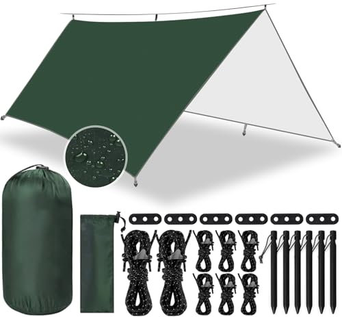 TEWWCEO Zeltplane 3x3m,Camping Zeltplane,Zeltplane für Hängematte,Tarp für Hängematte,wasserdicht mit Ösen + 6 Erdnägel + 8 Seilen,Leichte Tragbare,Regenschutz Sonnenschutz für Ourdoor Camping,Grün