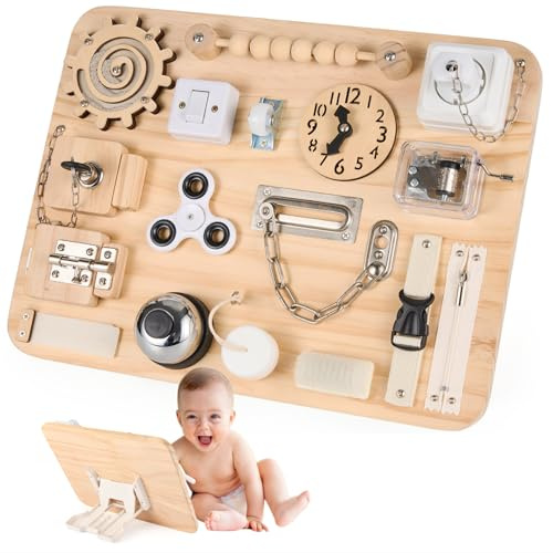 Potatomato Montessori Busy Board – Babyleksak, Sensoriskt träleksak, Motoriskt leksak för barn, Pedagogiskt leksak, Aktivitetsbräda, Småbarns autismleksak