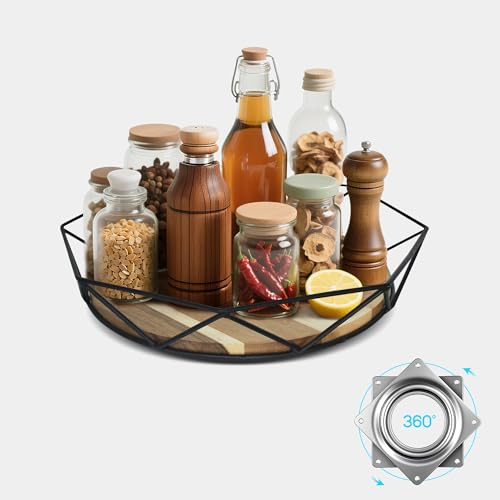 Migfena Lazy Susan roterande tallrik arrangör 30,5 cm – åttkantig kryddtallrik med svart metallram och akaciaträgolv, för köksskåp, bänkskiva, badrum, kosmetika, dekoration