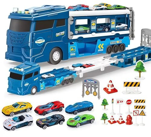 QUXV Transporter Truck Macchinine Giocattoli per Ragazzi 3 4 5 6 Anni, Camion con 6 Macchinine Tiranti in Lega, Regalo Caldo Auto per Bambini