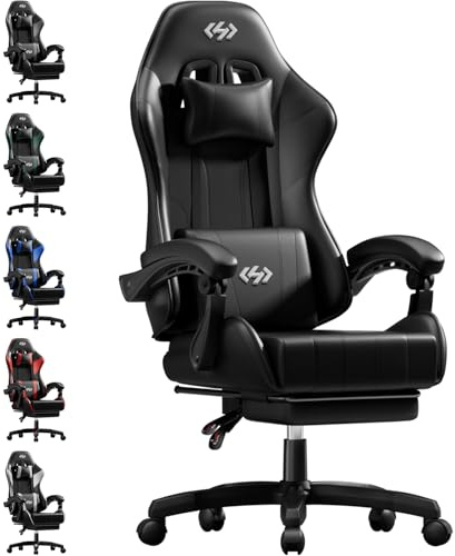 Precision Synergie Gaming Chair for Adults, Ergonomic Video Game Chairs with Footrest, Reclining Computer Chair with Lumbar Support and Headrest, 360° Swivel PC Chairs for Office or Gaming, Black