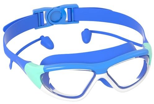 Fyrdyn Lunettes de Natation, Lunettes de Piscine Junior avec Bouchons d'Oreille, Anti-buée Étanche Confortables Anti-UV Grande Taille Antidérapantes Étanches pour Garçons Piscine