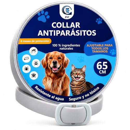 Collar Antiparasitario Perros y Gatos | Lavanda y Citronela Natural | 65 cm Ajustable | Protección 8 Meses Antipulgas, Garrapatas | Resistente al Agua | Incluye Herramienta Antigarrapatas CE EVI