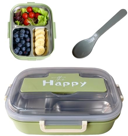 KOSLEOW Fiambrera Infantil con 3 Compartimentos, Lunch Box Acero Inoxidable Interno, Externo sin BPA, Incluye Cuchara, Tapa Transparente, loncheras para Colegio y Viajes