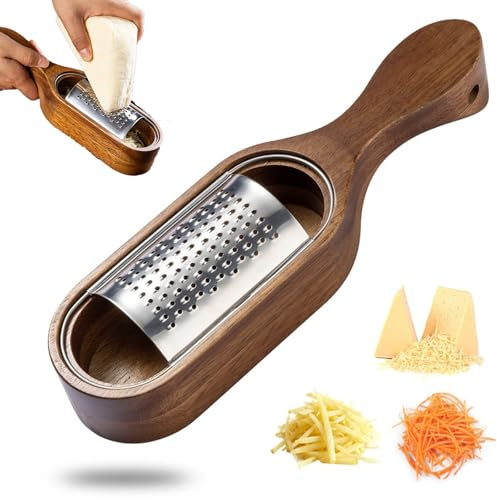 Grattugia per parmigiano con contenitore, grattugia per formaggio in acciaio inox con manico in legno, grattugia per formaggio, cioccolato, spezie, zenzero (marrone-1)