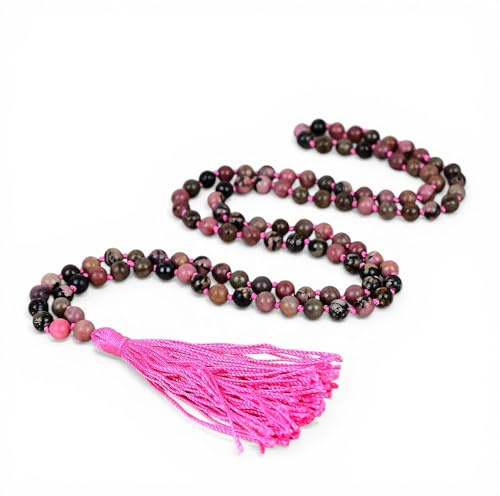 INFINITY GEMS Naturlig Rodonit 108 mala-pärlor halsband 6 mm handknuten meditation yoga bön Mala med rosa tofs