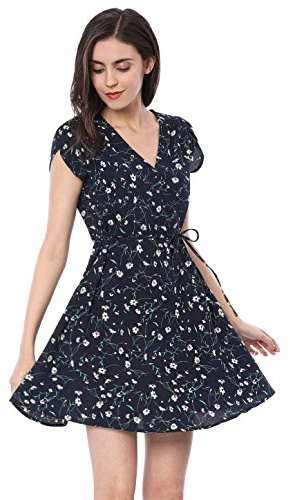 Allegra K Vestido Fluido Floral con cinturón y Cuello en V Cruzado Boho para Mujer Azul L
