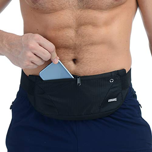 Ushake Running Belt, Men or Women Ultra Light Bounce Free Waist Pouch Bag Fitness Workout Belt Sport Waist Pack Exercise Waist Bag for iPhone X XS 7 SE 6 6+ Samsung in Running Gym Marathon-02BLACK