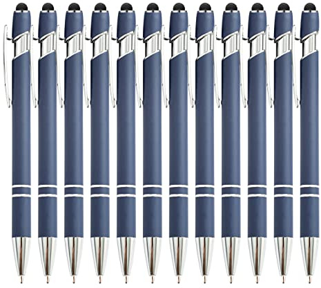 PASISIBICK 12 Pieces Blue Ballpoint Pen with Stylus Tip, 2 in 1 Stylus Stylish Pen, Premium Metal Stylus Pen for Touch Screens, Black Ink, 1.0 mm Medium Point.(12 PCS Blue)