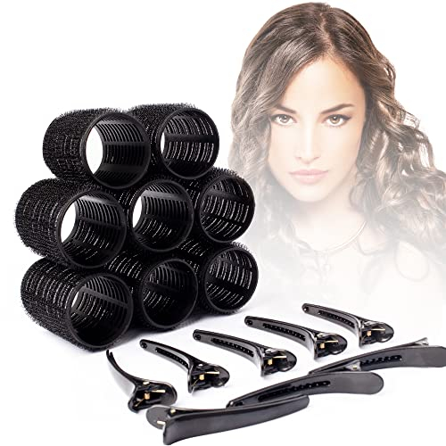 Mirzian Lot de 16 Bigoudis Jumbo - 8 Auto-Agrippants Sans Chaleur, 8 Pinces à Bec de Canard, Noirs pour Cheveux Longs, Sans Rouleaux Chauffants (44 mm)