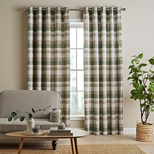 Catherine Lansfield Brushed Cotton Thermal Check 66x90 Inch Lined Eyelet Curtains Two Panels Green