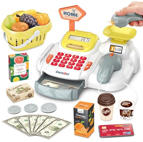 Sotodik Caisse Enregistreuse Électronique avec Scanner pour Enfants, Jeu de Rôle, Lumières et Sons, 36 Pièces, Jaune
