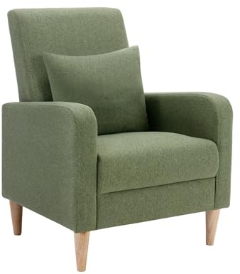 COLAMY Modern Upholstered Accent Chair Armchair with Pillow, Fabric Reading Living Room Side Chair,Single Sofa with Lounge Seat and Wood Legs, Green