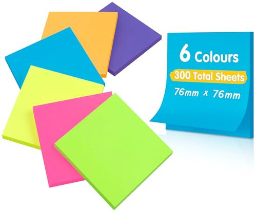 Caianwin 6 Packung Farbige Haftnotizen 76x76mm, Selbstklebende Klebezettel, 50 Blätter/Block Helle Haftnotizzettel Bunte Rechteckig Sticky Notes für Büro Zuhause Schule Sitzung