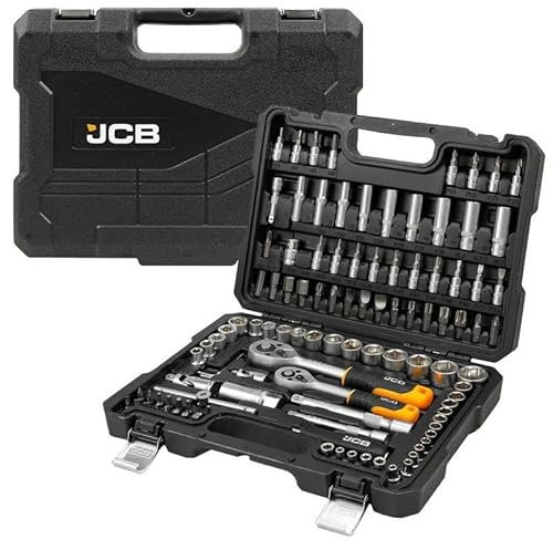 JCB 108 Piece Socket and Bit Set, Chrome Vanadium Steel Tool Set, Collection of Sockets, Bits and Accessories for Various Mechanical, Maintenance, Automotive Repair