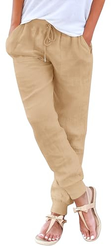 Yuson Girl Pantalon Femme Été en Lin Pantalon de Plage Fluide Large Taille Haute Elastique Décontractée Pantalon Solide Couleur Léger Fuselé Pantalon avec Poches(Kaki, XL)