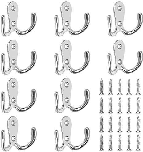 Pangutiandi Lot de 10 crochets muraux doubles avec 20 vis, crochets utilitaires pour cuisine, salle de bain, toilettes Argenté