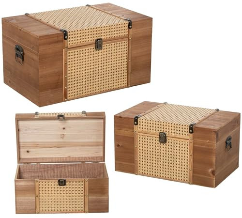 Set de 3 baules de madera y mimbre en natural 56x30x34 cm