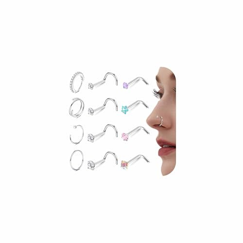 Krfy 12 stycken näspiercingskontakter guld/silver kirurgiskt stål L form näspiercing set näsring med zirkonia för kvinnor män 22 g 20 g 18 g