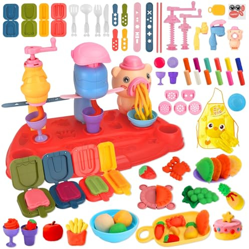 ZUSUZU Pâte À Modeler,65 pièces Jouet créatif de pâte à Modeler pour Enfants,Une Machine à Nouilles,des moules à Glaces et à raviolis Ainsi Que d'autres Accessoires,pâte à Modeler dès 3 Ans
