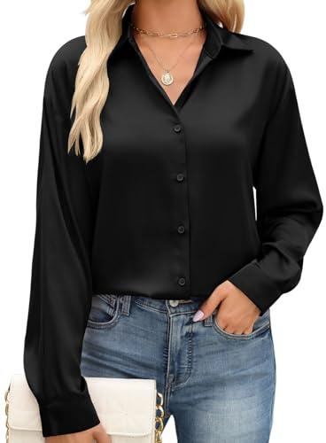 PASUDA Chemise Femme Chic et Élégante Satin à col en V Chemisier Manches Longues Soie Blouse Boutons Hauts Décontracté Affaires Soirée Shirts Ample Fluide Tunique Tops(Noir,M)