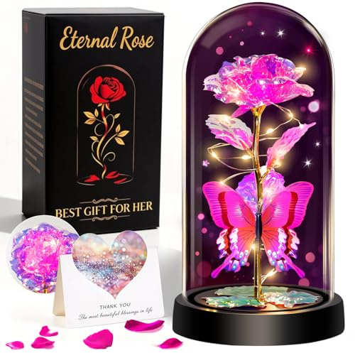 HAOCEE Rosa Eterna Cristal con Led＆Mariposa, Regalo Mujer(Rosa)