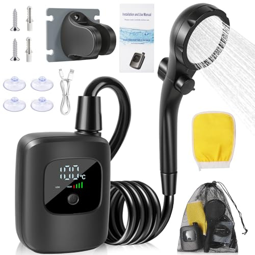 Ducha de Camping – Kit de baño portátil de 2400 mAh, eléctrica de ABS, Limpieza Exterior Recargable con Flujo de Agua Ajustable y Pantalla LED | Ducha de Viaje para Giardi
