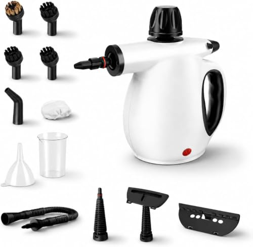 Limpiador a vapor manual, 350 ml, multiusos con 12 accesorios, limpiador de vapor sin productos químicos, para todos los azulejos, baño, cocina, muebles y en la cocina (color blanco)