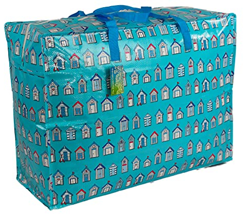 Extra Large Storage Bags Water & Dust Resistant. Double zipped storage bags for toys, laundry, bedding. Underbed Wardrobe Space Saver Blue Beach huts (65 ltr)