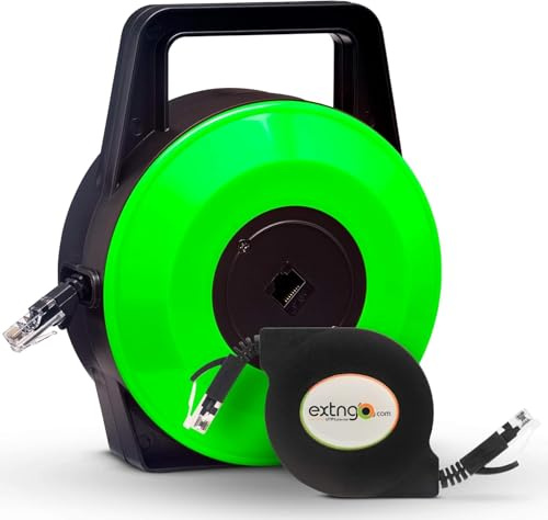 EXTNGO Retractable 10m Ethernet Cable Flat CAT6 — Gigabit Internet Lead with RJ45 Male-Female, Under-Carpet Portable Cable Reel for Home Office Gaming Streaming, Incl. 1m Patch Lead, Green