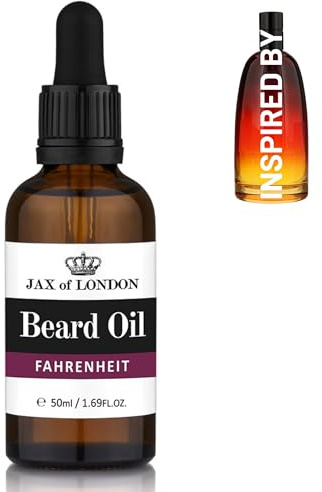 Jax of London Inspired Beard Oil for Men – Warm Spicy Masculine Fragrance – Softens, Conditions & Hydrates Beard – Jojoba, Argan & Vitamin E – Non-Greasy Grooming Oil – Made in UK (Fahrenheit)