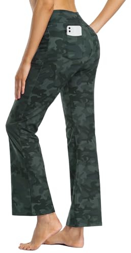 MOVE BEYOND Pantalon de Yoga Bootcut avec 4 Poches pour Femmes Pantalon Bootleg de contrôle du Ventre, Camouflage, XL