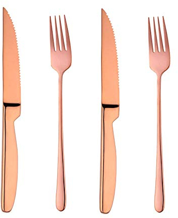Bisda Set di posate da bistecca seghettate in oro rosa, set di coltelli e forchette per 2 persone acciaio inox 18/10, 2 coltelli da bistecca et 2 forchette da tavola