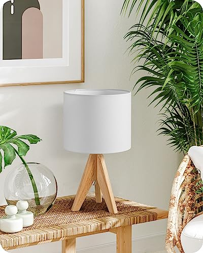 EDISHINE Nachttischlampe aus Holz, Stativ Tischlampe E27 Fassung, vintage Lampenschirm aus Leinen, weiß, für Schlafzimmer, Wohnzimmer, Geschenk