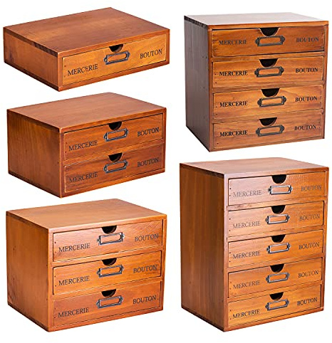 5-Piece Vintage Organization and Storage Set - Single Drawer, 2-Drawer, 3-Drawer, 4-Drawer & 5-Drawer Organizer Chests - Embroidery, Sewing, Arts and Craft Journaling - Stackable Modular Storage