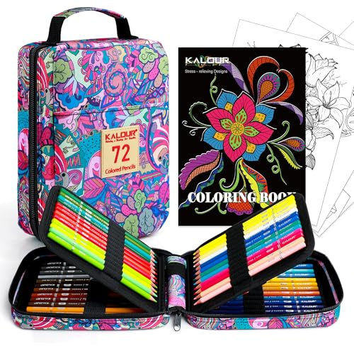 KALOUR Premium Buntstifte für Erwachsenen-Malbuch, Set mit 72 Farben, Reißverschlussschlitz, mit Spitzer, weicher Kern, 7 metallische Farben, ideal für Schichtmischung, für Künstler, Anfänger