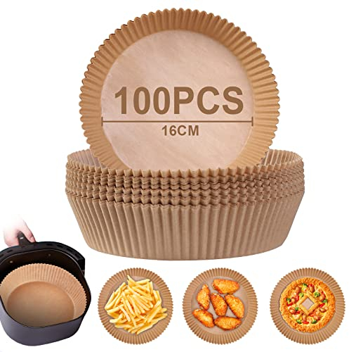 AiQInu Carta Forno per Friggitrice ad Aria,100 Pezzi 16-20 cm Carta Pergamena Rotondo Food-Grade BPA Free, Antiaderente Carta per Friggitrice ad Aria Facile da Pulire per 3-4.5L Friggitrice ad Aria