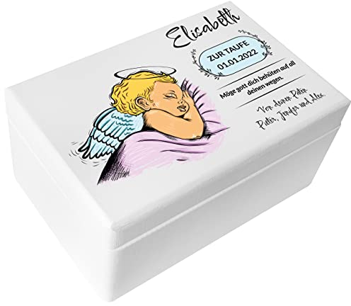 Creative Deco Weiße Personalisiert zur Taufe Geschenk für Mädchen und Junge | Mehrere Taufe Motiv | Holzkiste Erinnerungsbox Deko | Individuelle Geschenk Spielzeugkiste Holzbox mit Deckel | Spardose