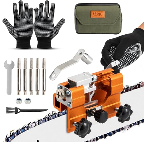 Afilador de Cadena de Motosierra de Manivela Portátil con 5 Cabezales de Afilado para Todo Tipo de Motosierras con Bolso de Mano, Guantes, Cepillo de Limpieza