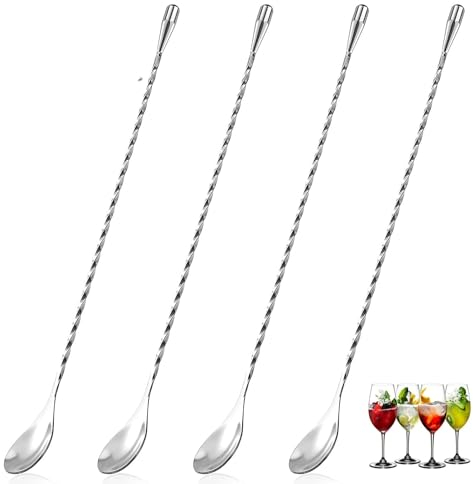 Cucchiaio per cocktail in acciaio inossidabile, cucchiaio da bar, cucchiaio per mescolare, agitatore lungo per martini, caffè, bar, shaker per cocktail (confezione da 4, argento)