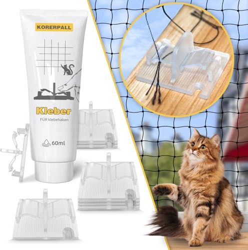 KORERPALL Crochet Fixation Filet Chat Balcon sans percer, 50 Crochets + Colle, Crochet Fixation Filet Chat, Protection fenetre sans percer, percage Filet Balcon