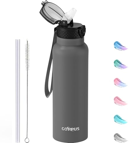 GOPPUS Borraccia in acciaio inox 750 ml, con cannuccia, isolamento a doppia parete, cinghia, riutilizzabile, sottovuoto, a prova di perdite, mantiene le bevande fredde