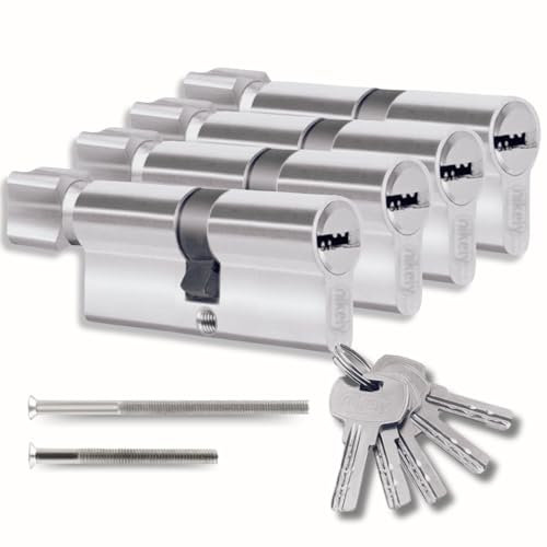 Lot de 4 cylindres 30/30 mm avec bouton – 8 vis – 10 clés incluses – Montable facilement – Clé universelle pour tous les cylindres – Longueur 60 mm