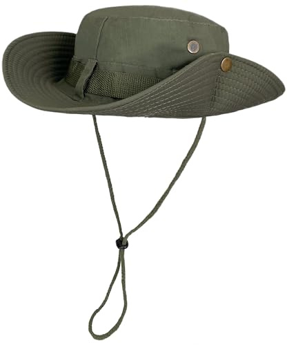 ehsbuy Safari Chapeau Soleil Homme Large Bord Piable Coton Respirant Cowboy Style Boonie Chapeau de Brousse avec Menton Réglable pour Randonnée Peche Chasse Camping