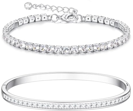 Diamday rostfritt stål armband dam guld stapelbara armringar tennisarmband guld 14 karat förgyllt armband set justerbar med kubisk zirkonia smycken vattentät gåva för dig, 7 inches, 6.5 inches