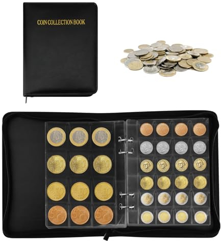 Classeur Monnaie de Paris avec 600 Pochettes, Album pièces de Monnaie Collection 3x3cm/4x4,5cm, Rangement pièces avec 10 Feuilles de Tailles Mixtes, pour Livres Pence Cents Dollars
