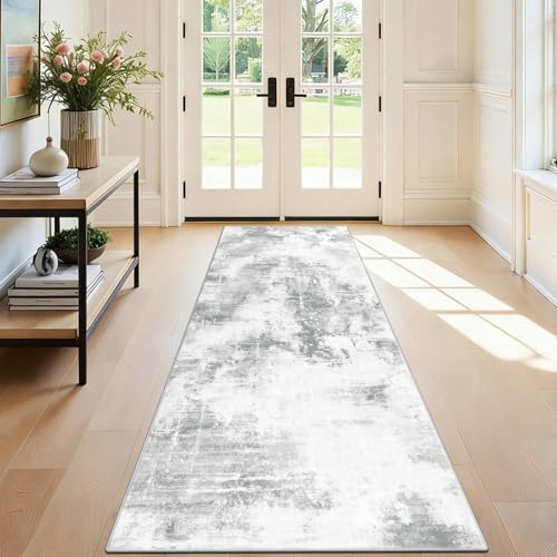 SHACOS Langer Teppich Läufer Flur rutschfest 80x250 cm, Kurzflor Teppichläufer Modern, Küchenteppich Waschbar, Flurteppich Läufer Lang Flurläufer Teppich Läufer für Flur,Küche, Wohnzimmer, Hellgrau